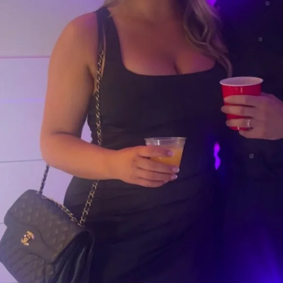 Azazie Black Satin Asymmetrical Gown with High Side Slit - Picture 3 of 4